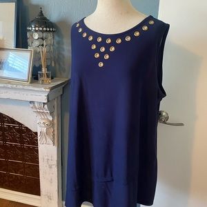 Blue sleeveless blouse asymmetrical gold detail